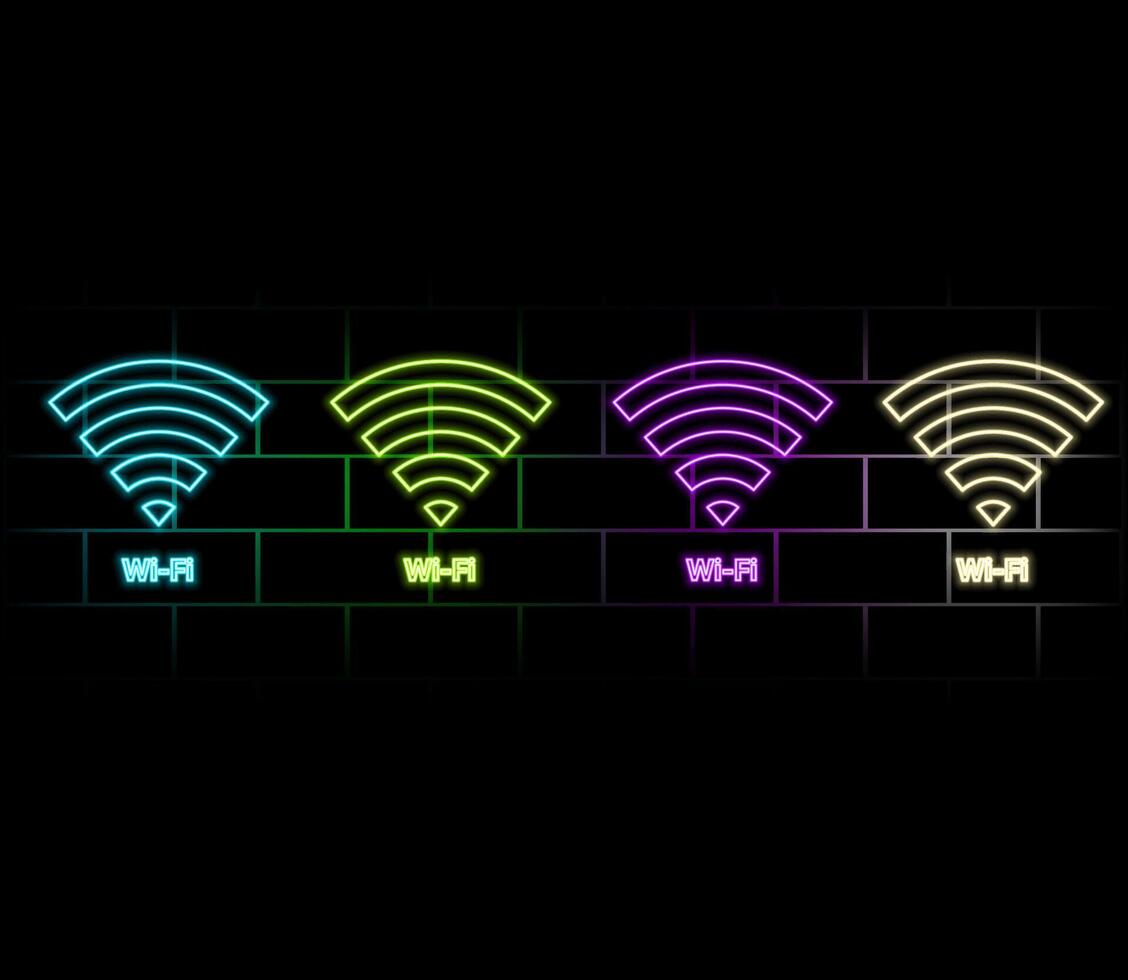 Wifi neon sign . Glowing Neon Wifi Symbol Extended Letters, Light Banner, Neon Text. illustration. Outdoors vector