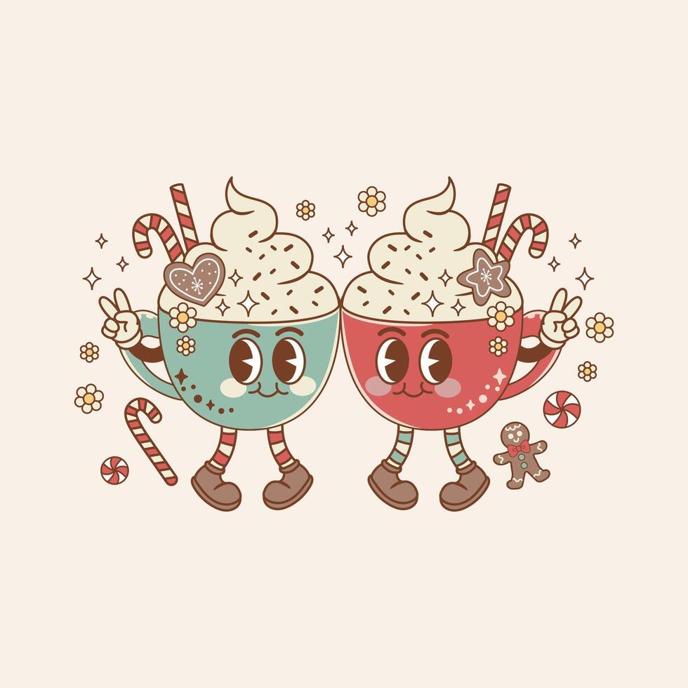 beautiful christmas illustration retro style of chocolate cups the coffee vector