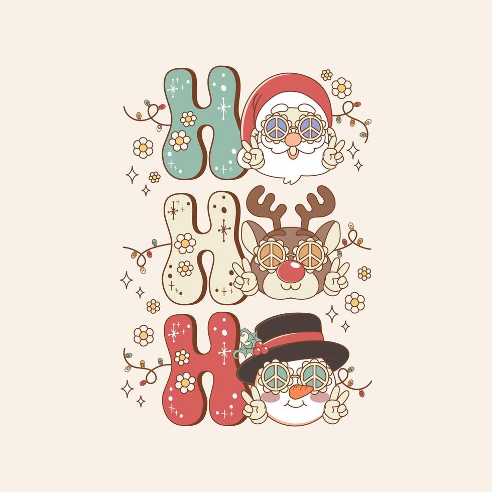 cute christmas illustration retro style of santa laughter next to reindeer and snowman vector