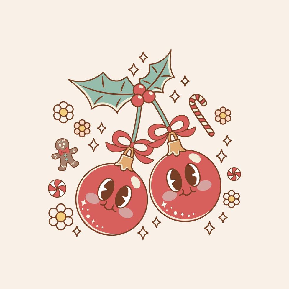 cute Christmas illustration retro style of Christmas character of cherry shaped Christmas balls vector