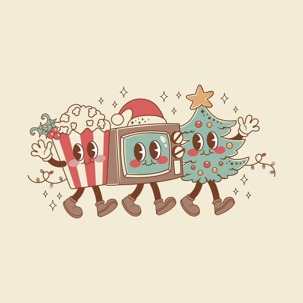 Cute retro style christmas illustration of tv walked with popcorn and christmas tree to watch christmas movies vector