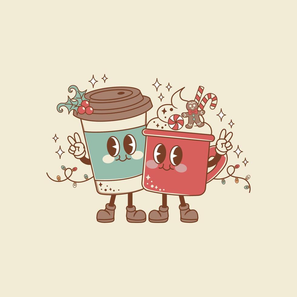 Cute retro style christmas illustration of cup and glass with chocolate or hot coffee vector