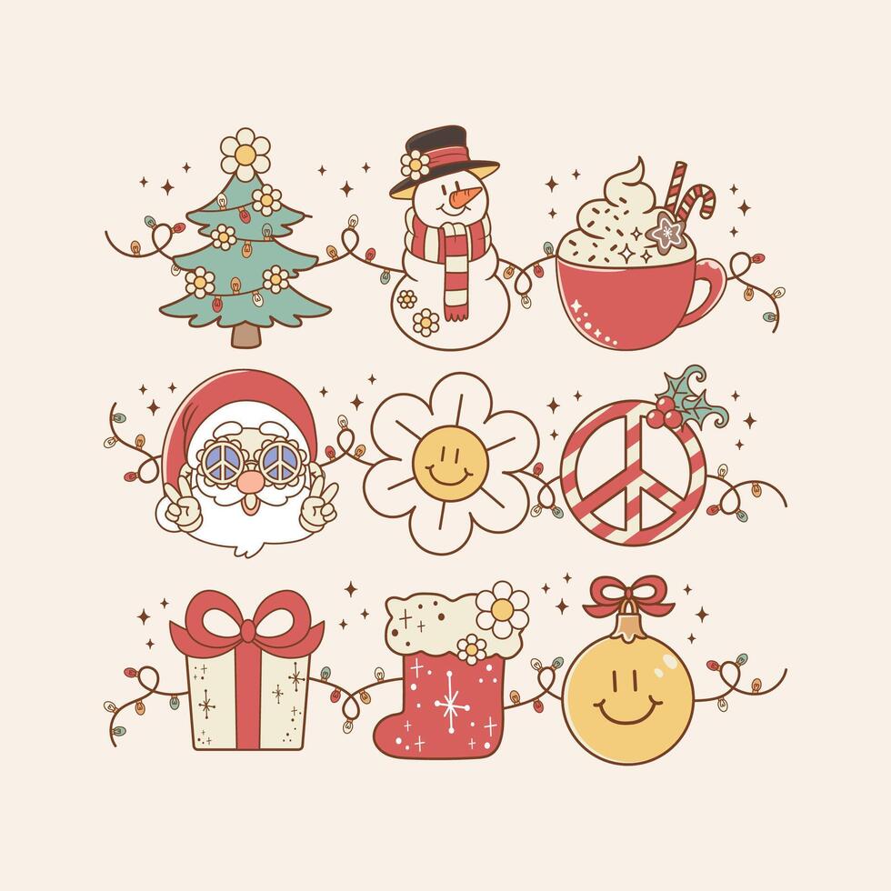 cute illustration of Christmas retro style of various groovy elements vector