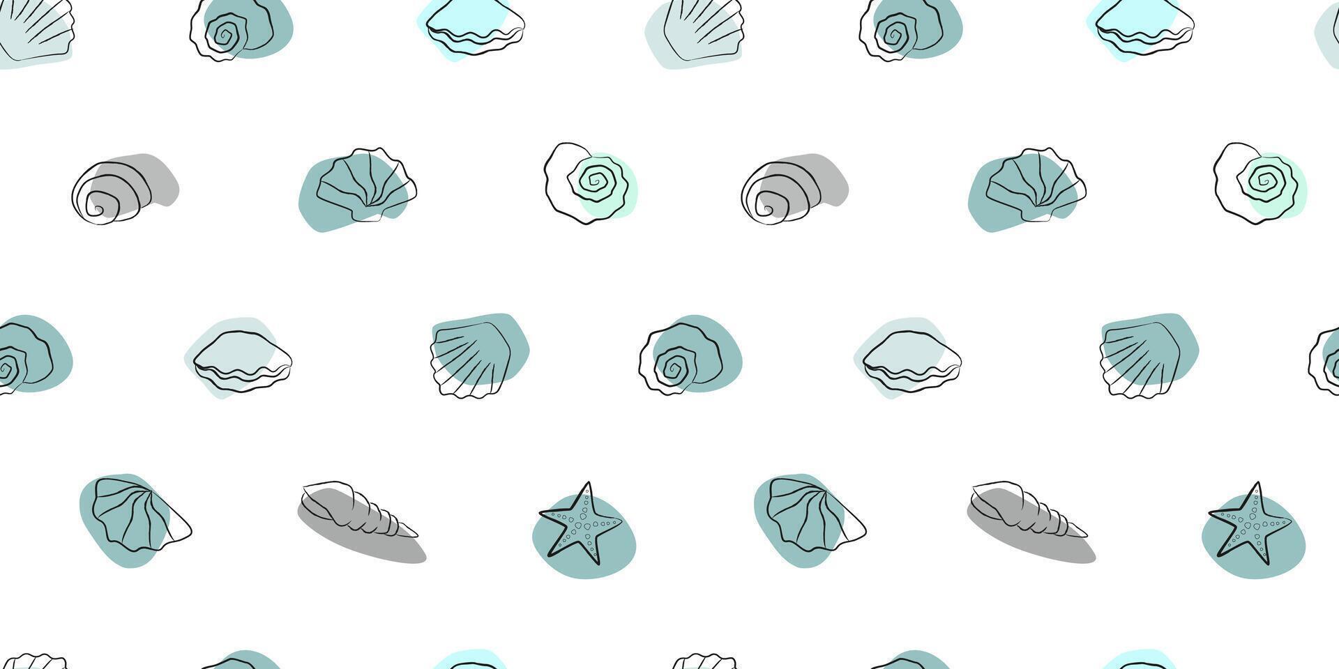 Seamless pattern with abstract line silhouettes of sea shells and simple spots. vector