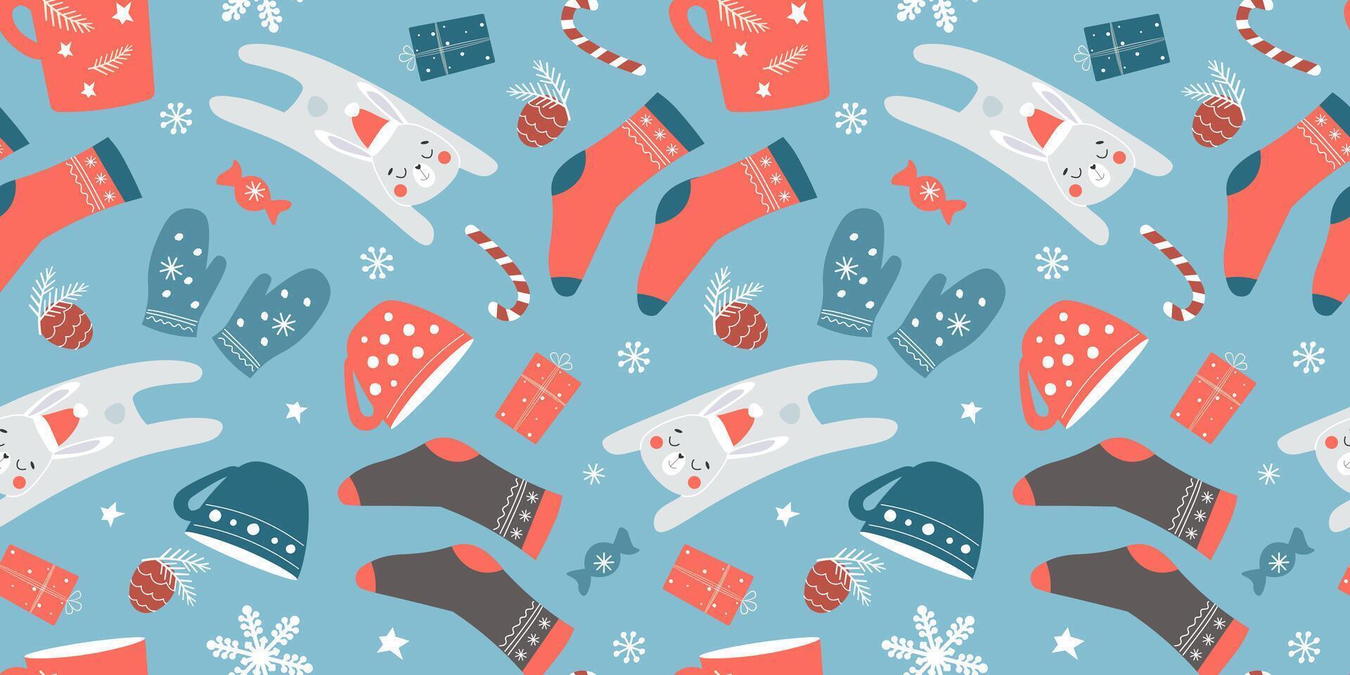 Seamless pattern with a cozy children's winter print. Jumping hares in hats on the background of warm socks, mittens, cups of tea, candies. vector