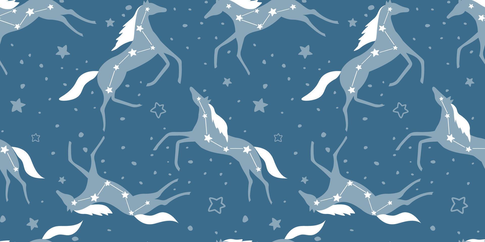 Seamless pattern with silhouettes of beautiful horses against the background of the night sky with stars and constellations. Fancy animal print. vector