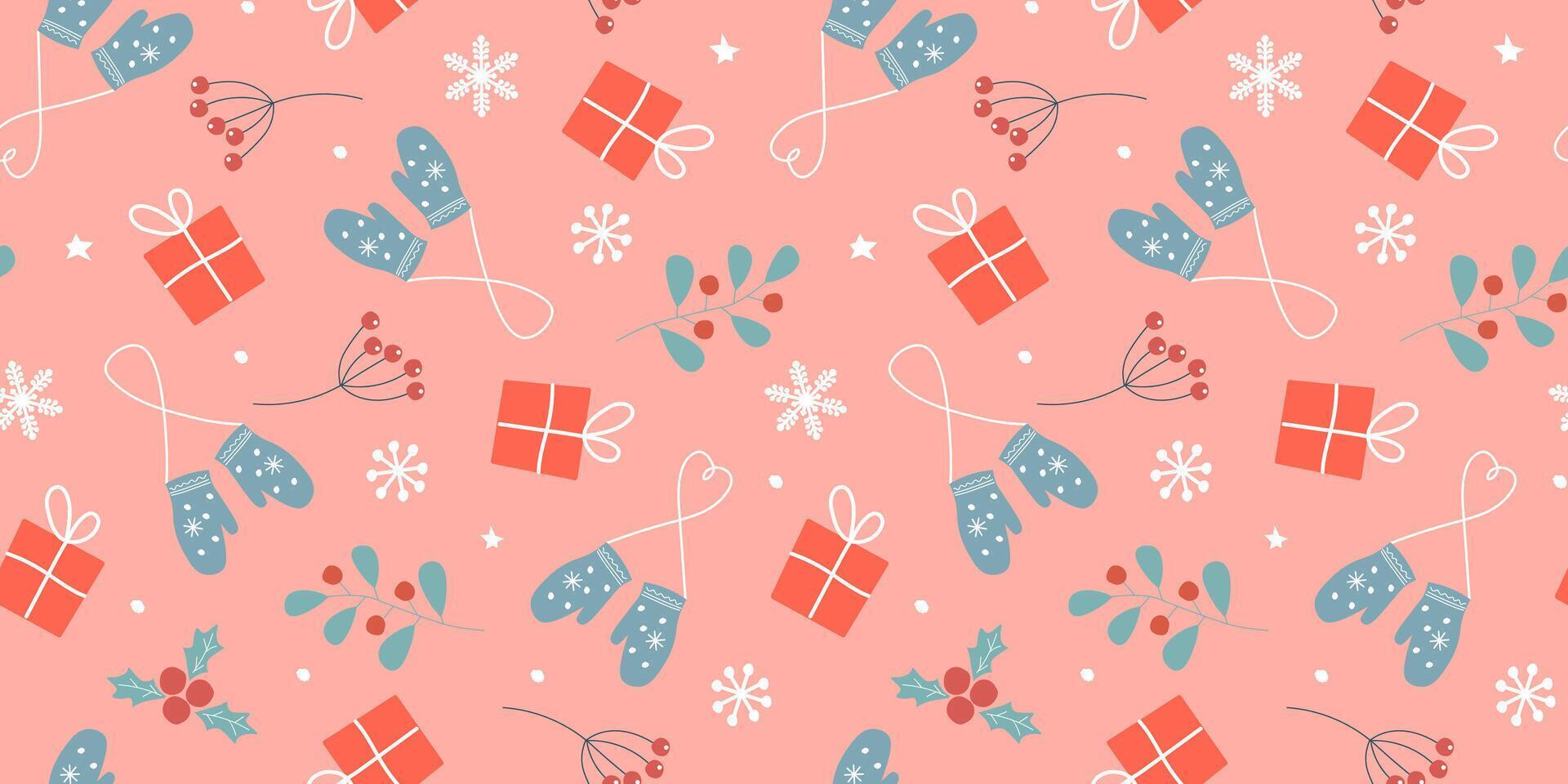 Seamless pattern with abstract boxes of gifts on a background of snowflakes, red berries, poinsettias, and mittens. Winter holiday print. vector