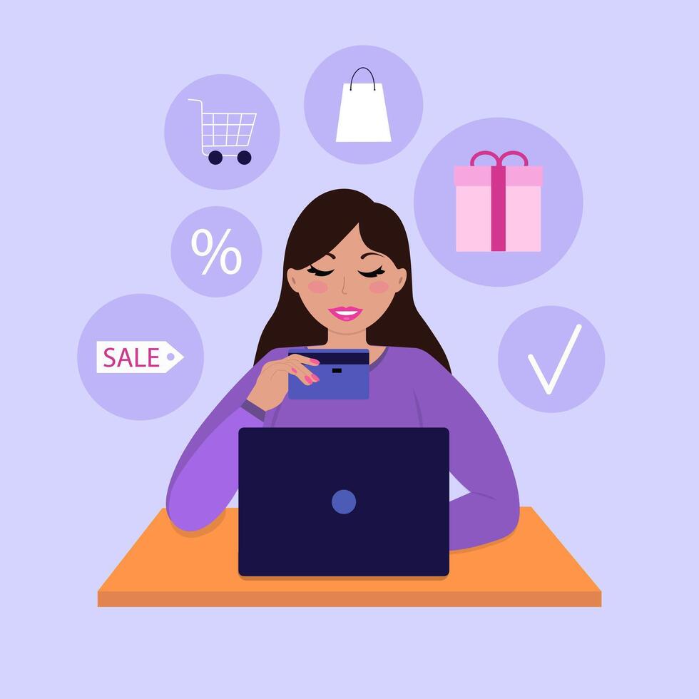 Online shopping. Woman shopping on laptop. vector