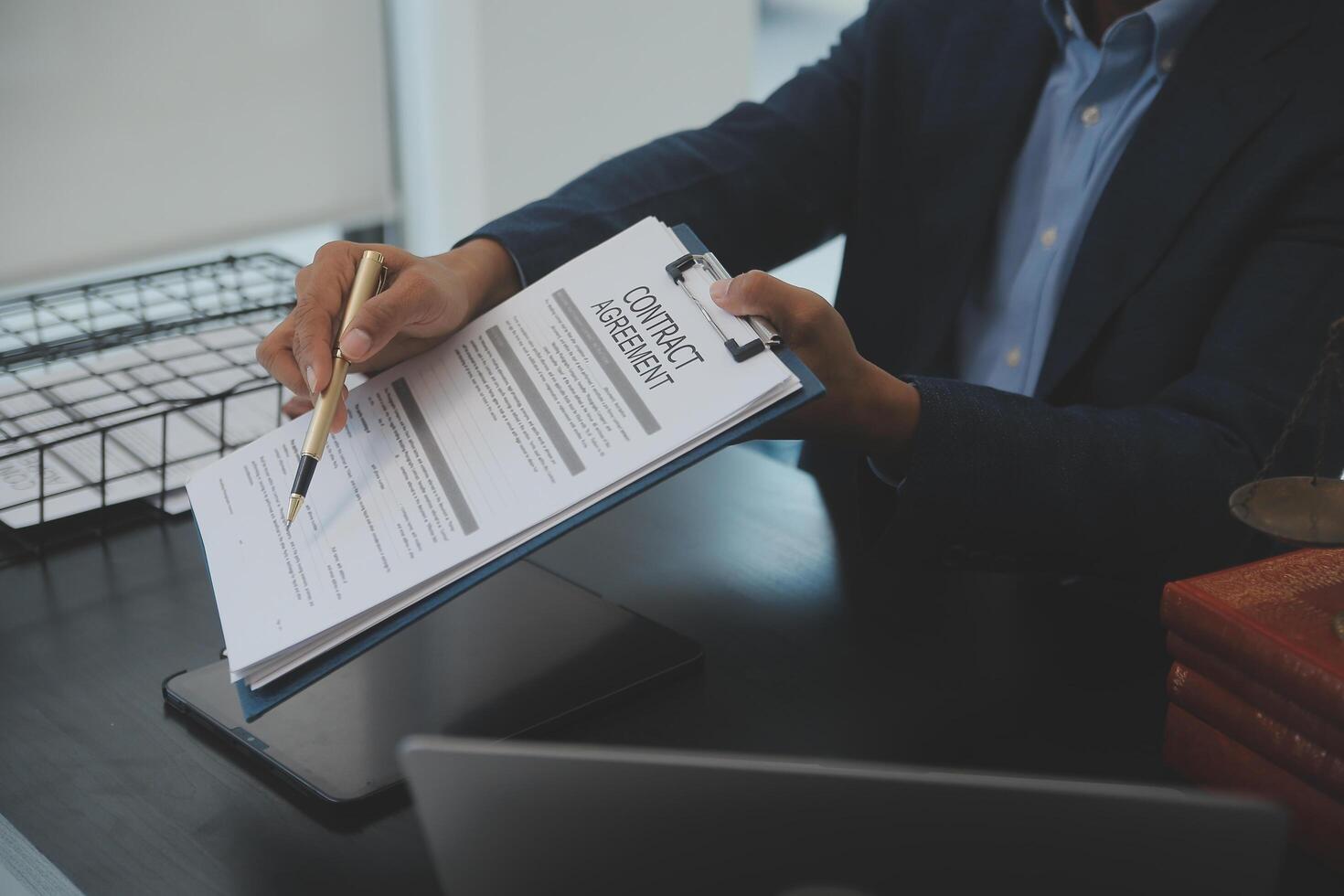 Law theme, gavel or mallet of the judge, lawyer enforcement officers, evidence-based cases taken into account in the court abount business, legislation. photo