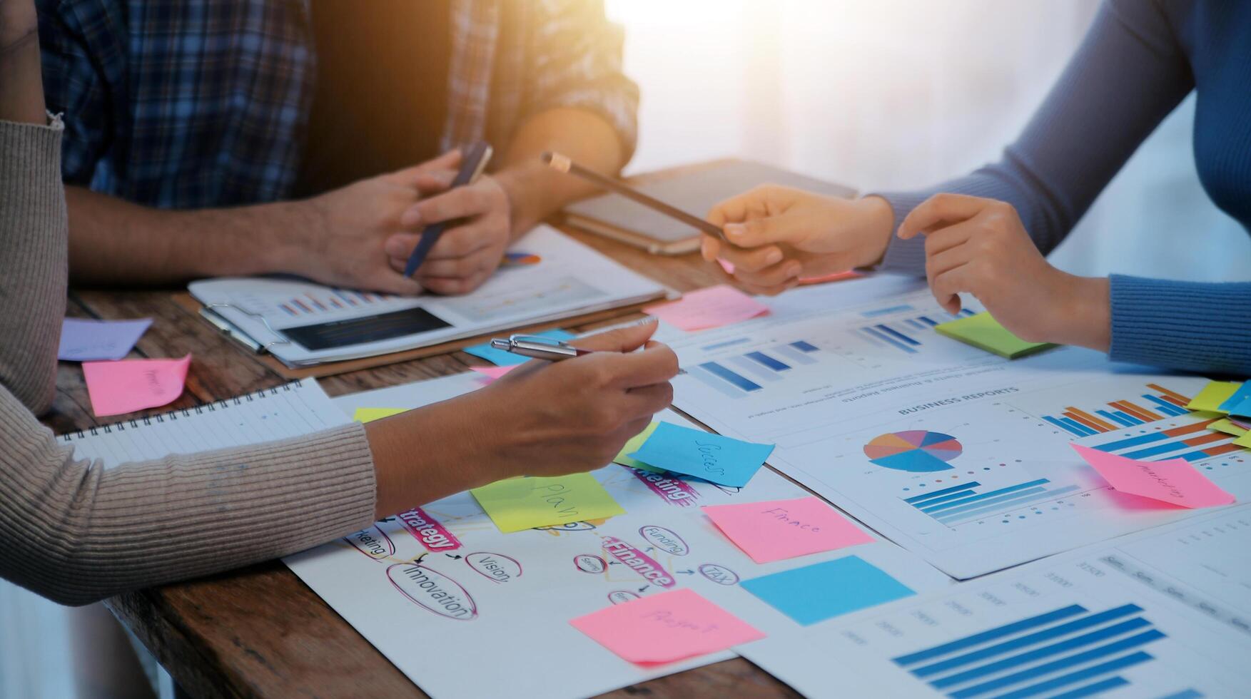 Team of business people working together in the meeting room office, teamwork background charts and graphs banner, double exposure successful teamwork,business planning concept. photo