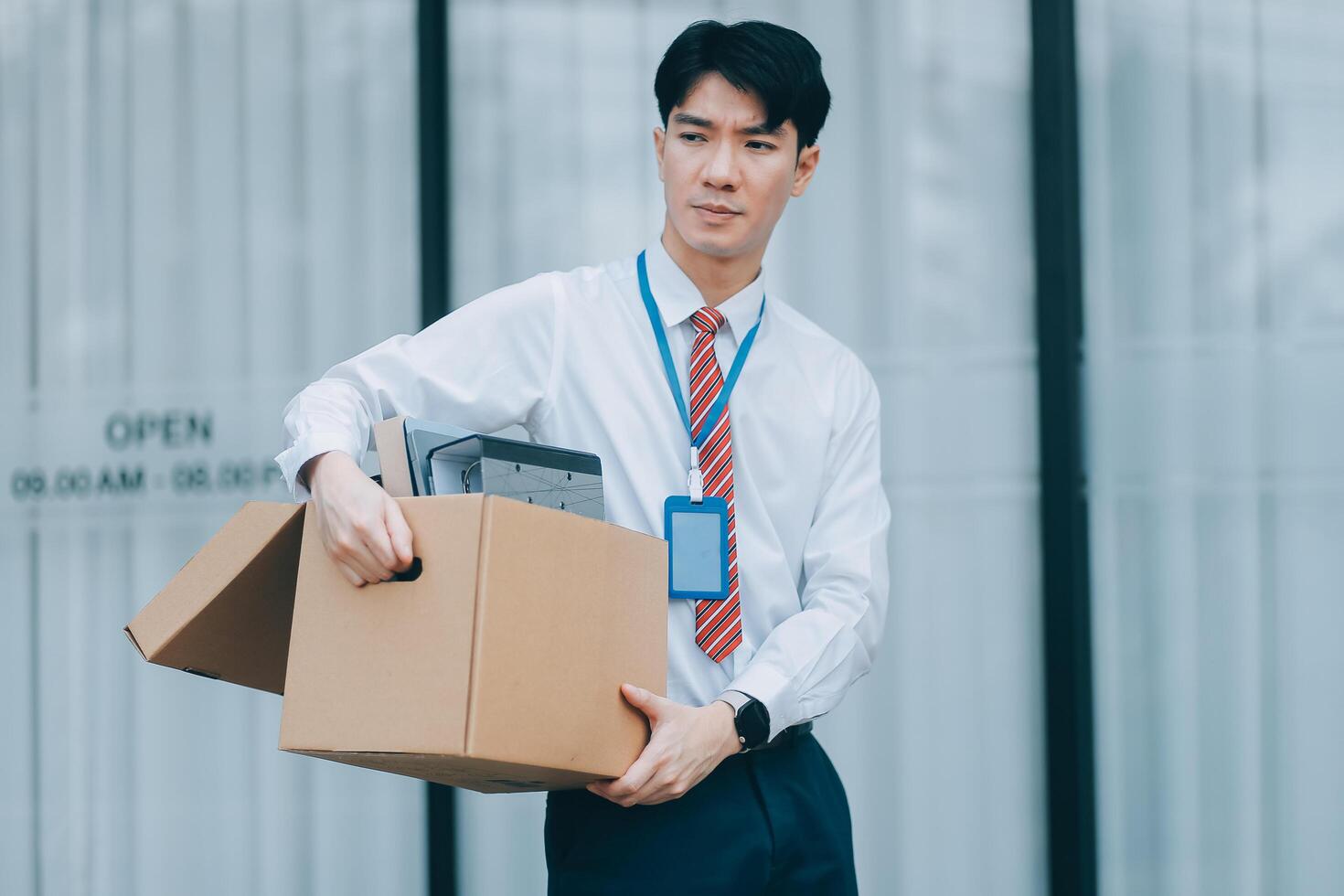 Sadness depressed Businessman with box cardboard packing personal items after losing jobs. Failure businessman sitting at stair front of building. Your fired Unemployed Jobless People Crisis photo
