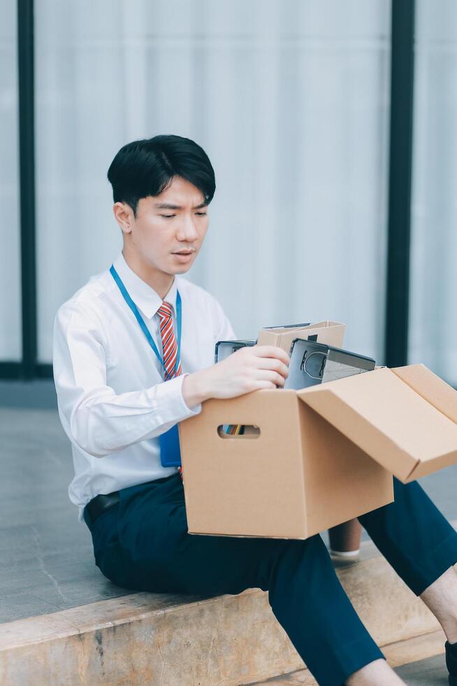 Sadness depressed Businessman with box cardboard packing personal items after losing jobs. Failure businessman sitting at stair front of building. Your fired Unemployed Jobless People Crisis photo