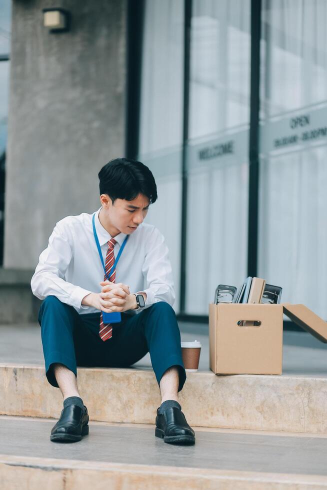 Sadness depressed Businessman with box cardboard packing personal items after losing jobs. Failure businessman sitting at stair front of building. Your fired Unemployed Jobless People Crisis photo