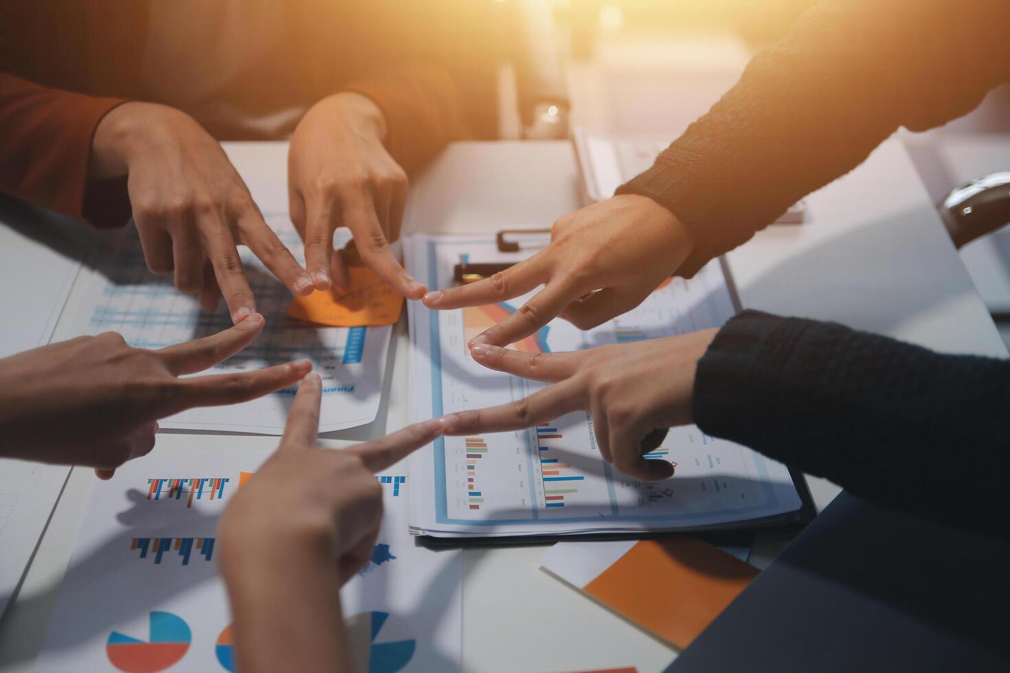 Hand join together for work togetherness, Hand stack for business and service, Team volunteering or teamwork. Concept connection of community and charity. Group of business workforce participation. photo