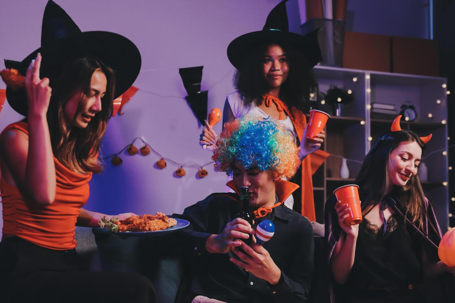 Joyful office Halloween party with coworkers in costumes, celebrating with drinks and laughter, fostering teamwork and festive spirit photo