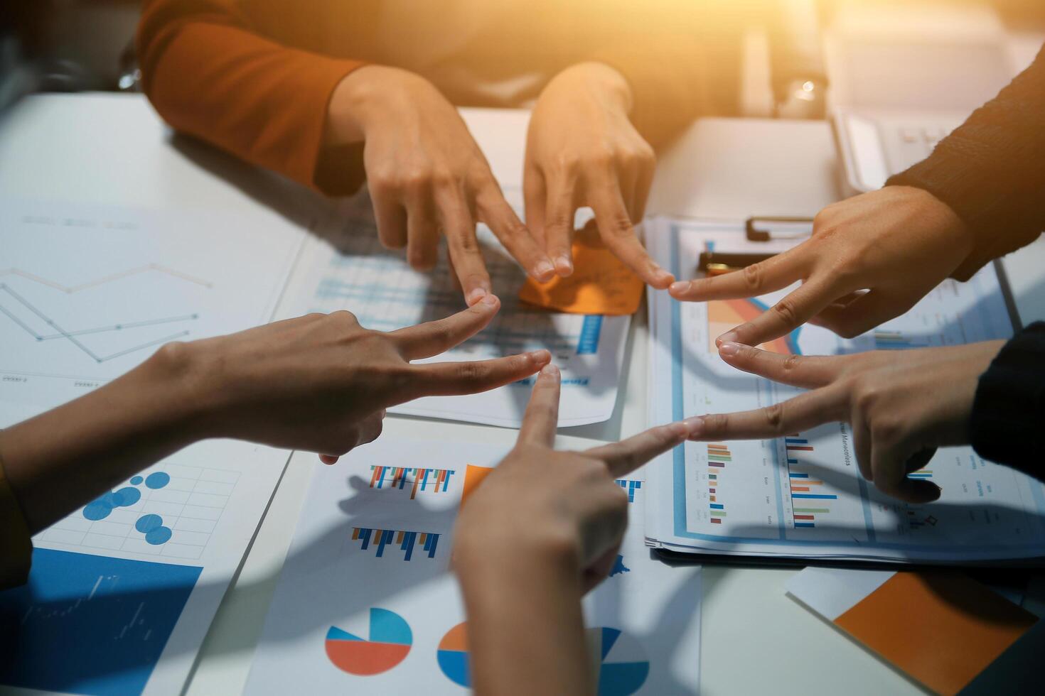 Hand join together for work togetherness, Hand stack for business and service, Team volunteering or teamwork. Concept connection of community and charity. Group of business workforce participation. photo