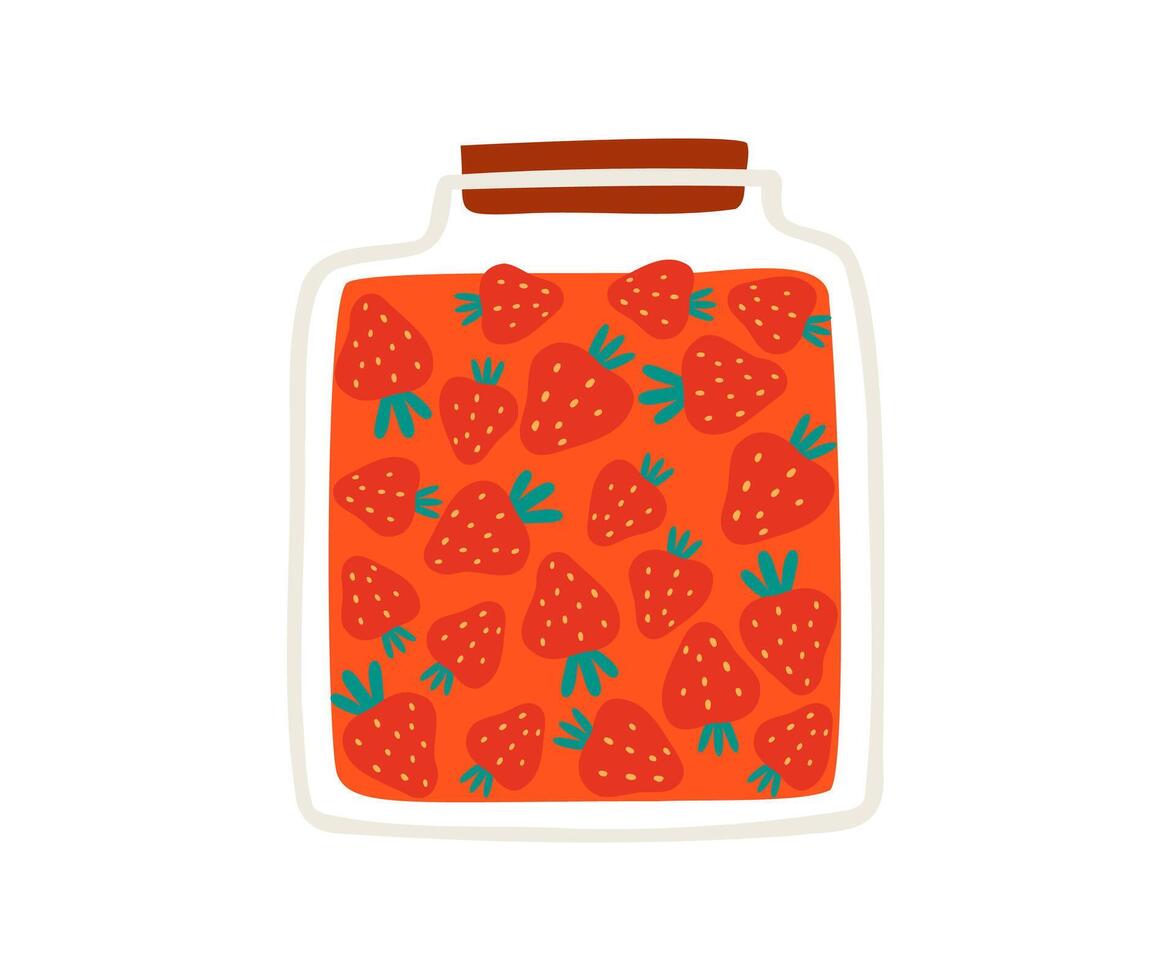 Hand drawn strawberry jam jar. illustration in flat style. vector