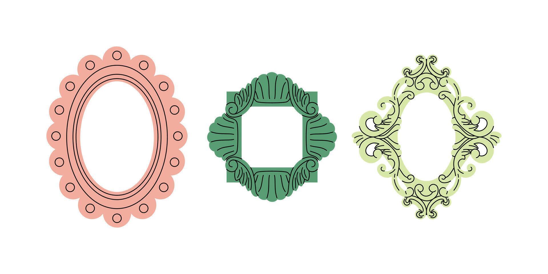 A set of different decorative frames or borders of different shapes in a flat style. Frames for photos or stories. Hand drawn illustration. vector