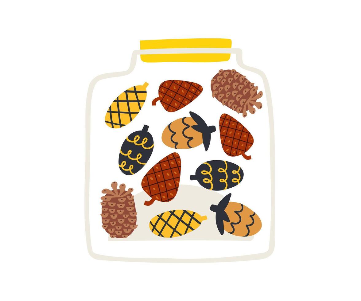A hand-drawn jar with cones. illustration in flat style. vector