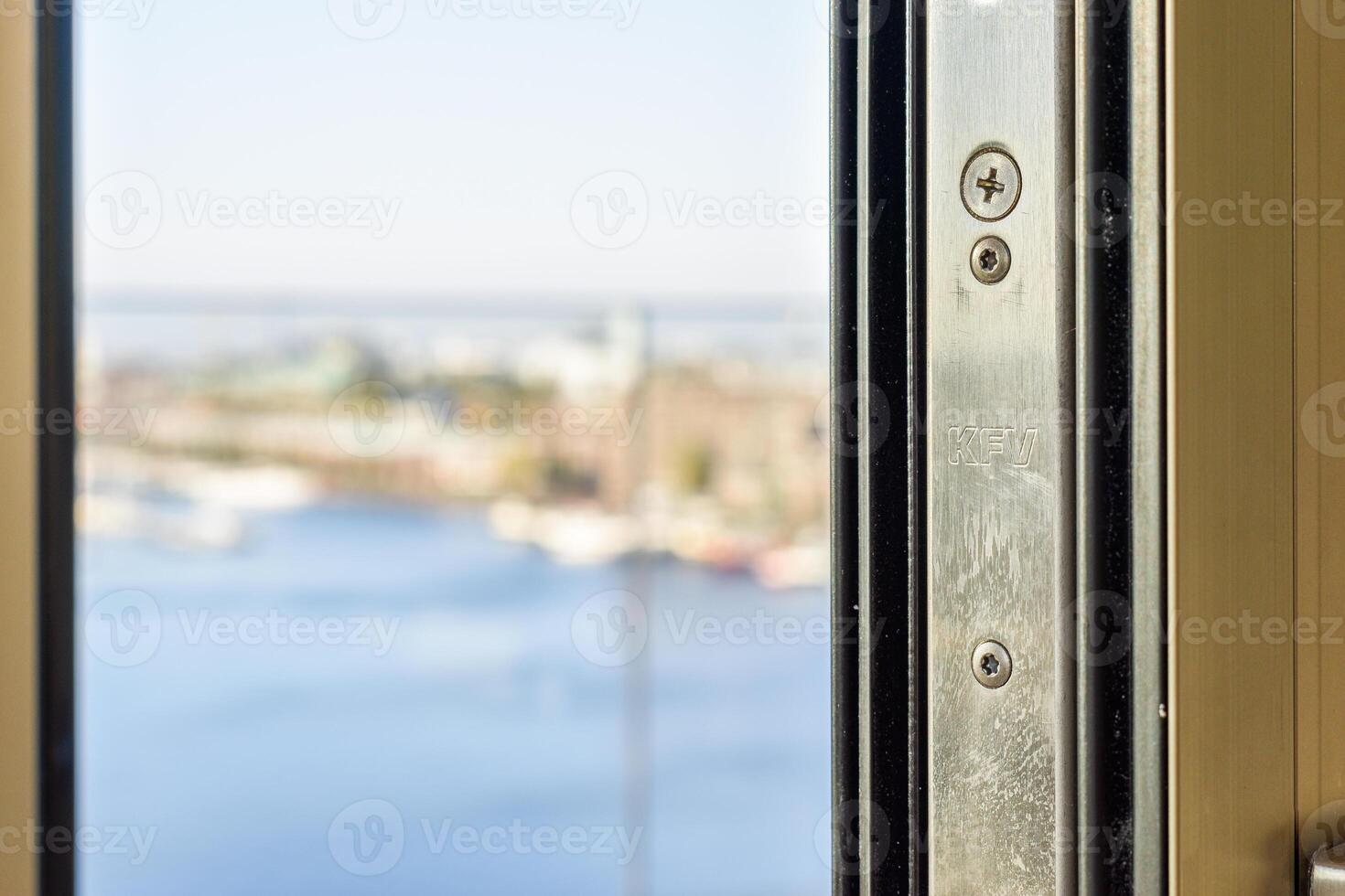 A view of a city through a window photo