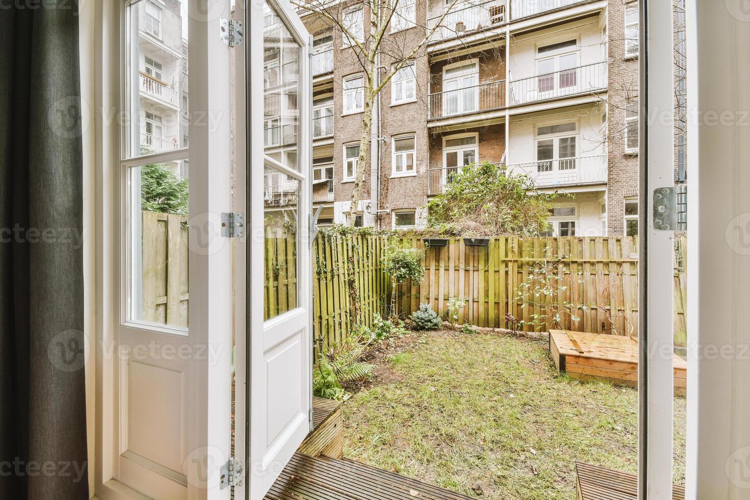 A view of a backyard through an open door photo