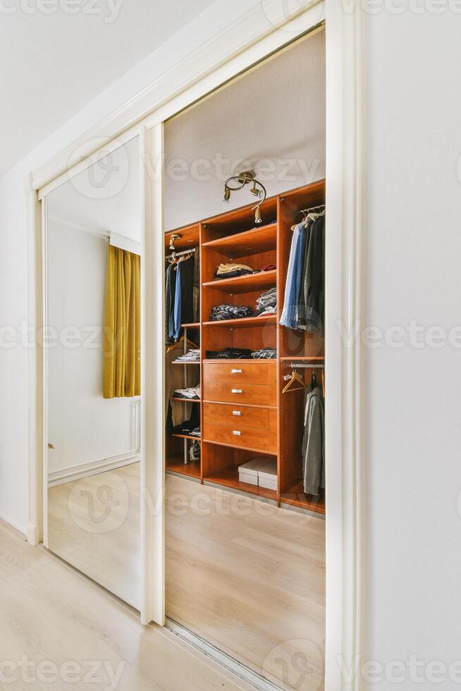 A closet with clothes and a mirror photo