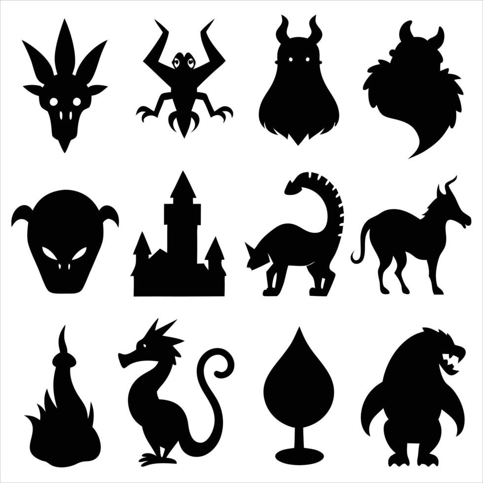 A set of black silhouettes of various monsters and animals vector