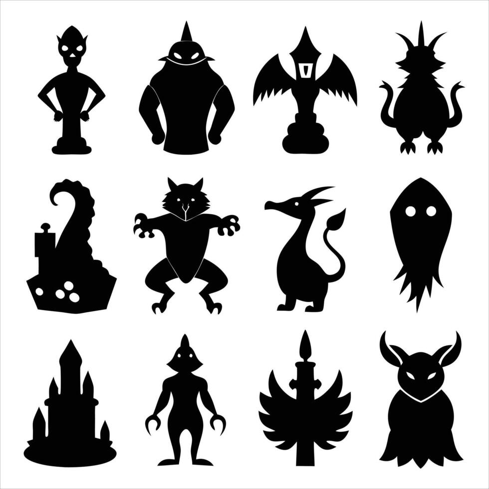 A set of silhouettes of various monsters and creatures vector