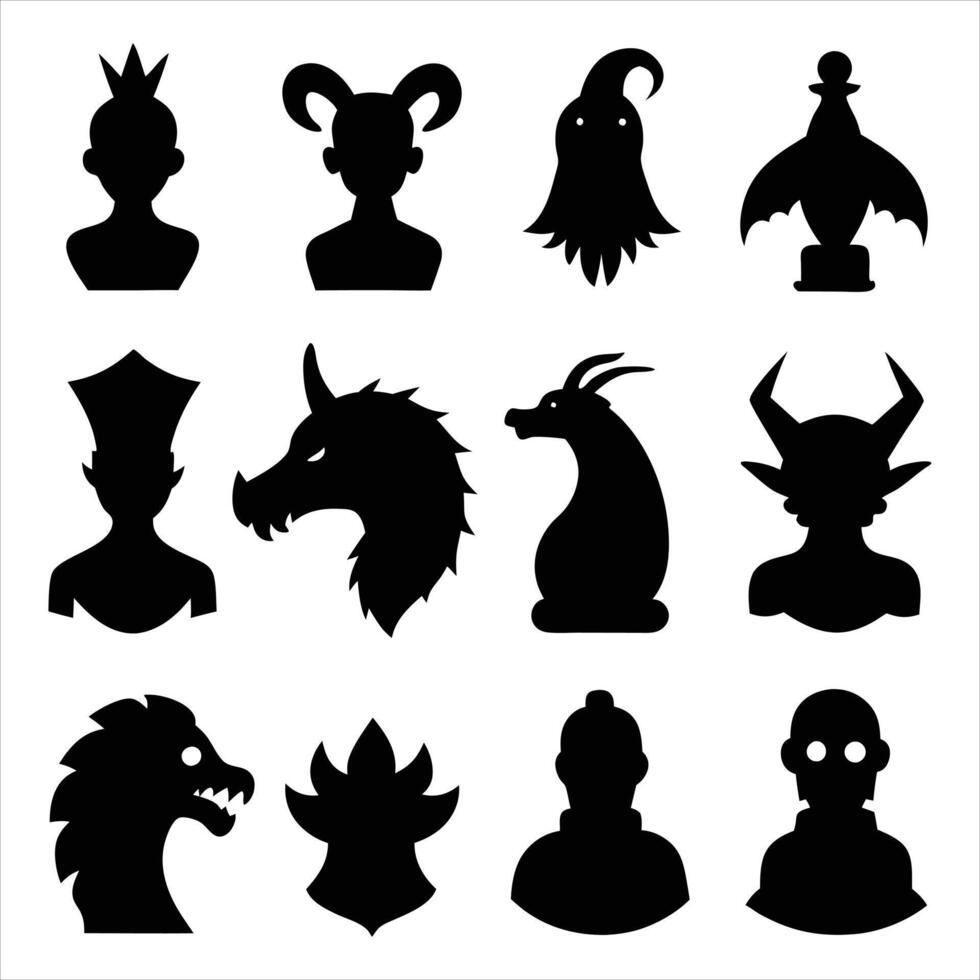 A set of black silhouettes of various monsters vector
