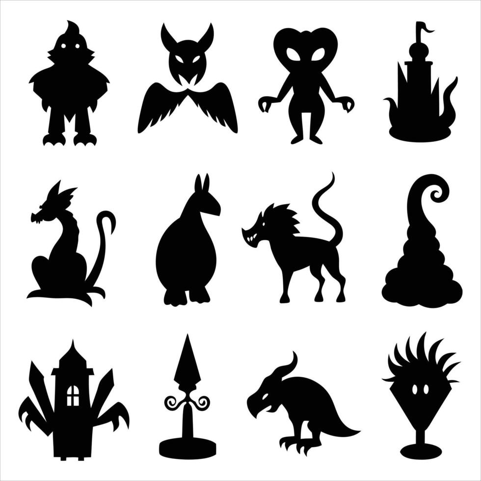 Halloween icons set, black silhouettes of various monsters and creatures vector