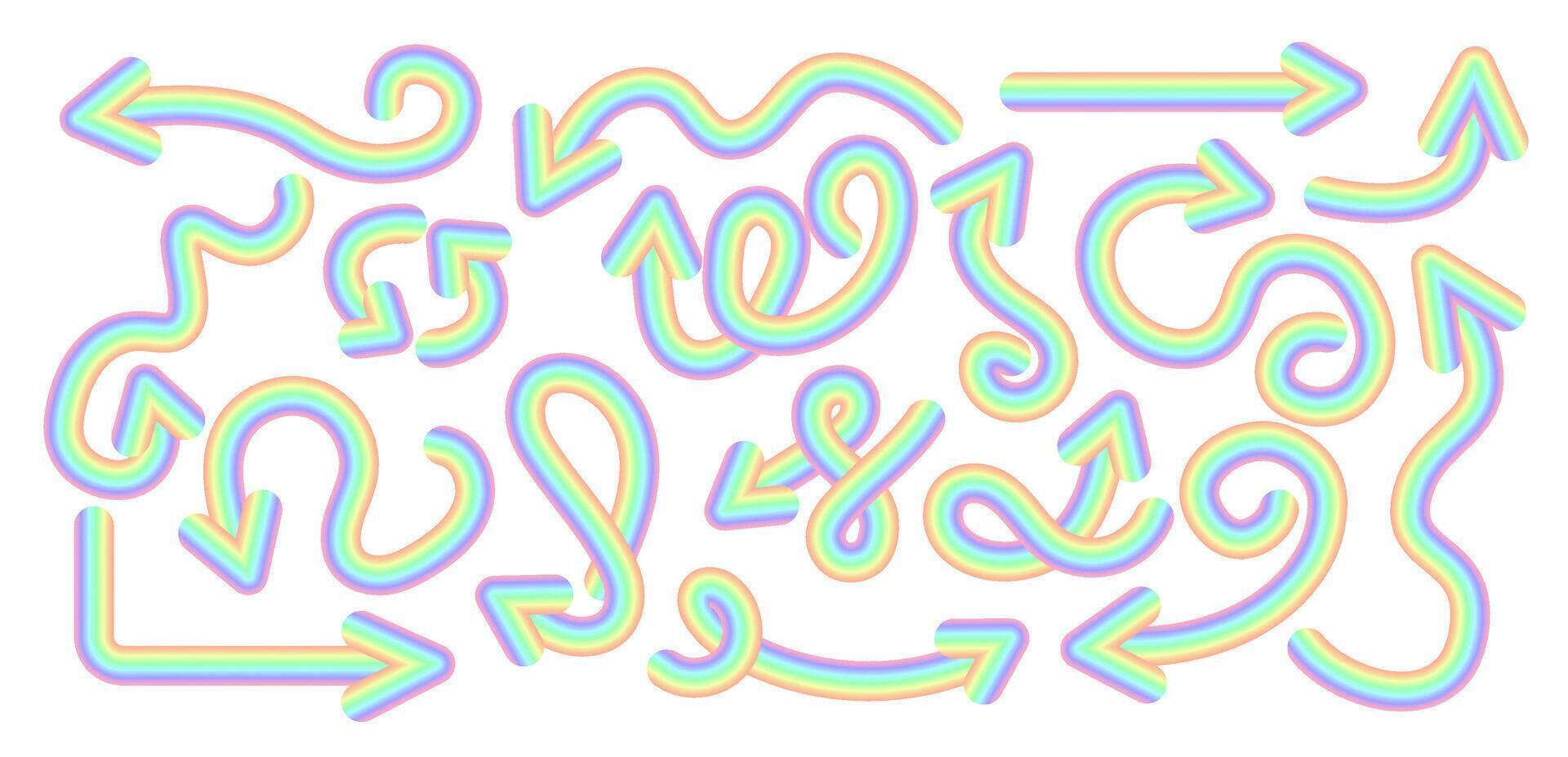 3D set of gradient iridescent iridescent curved wavy arrows . Collection of linear colorful arrows, curved pointers. design element. vector