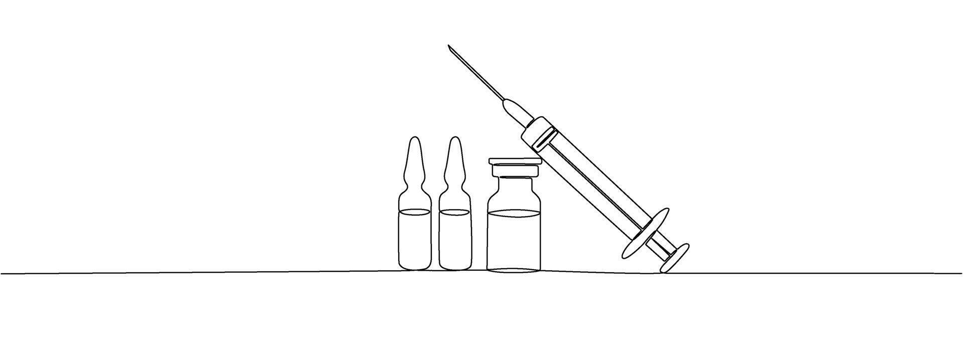 Drawing of a syringe and drug vial with one continuous editable line. Symbol of pharmaceutical drugs and vaccines. line illustration. vector