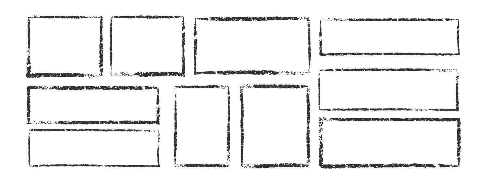 Set of rectangular and square frames in grunge style. Square borders drawn in black charcoal, chalk or ink for design, banner, poster, cover. illustration vector