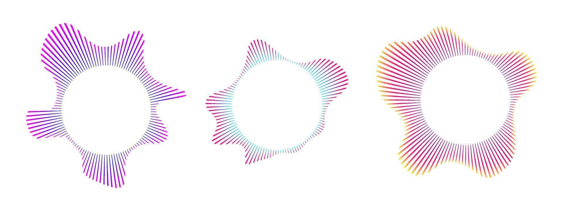 A set of multicolored circular sound waves. Sound neon lines, radial spectrum, sound equalizers. Circular geometric wavy frame. Radial spectrum. illustration. vector