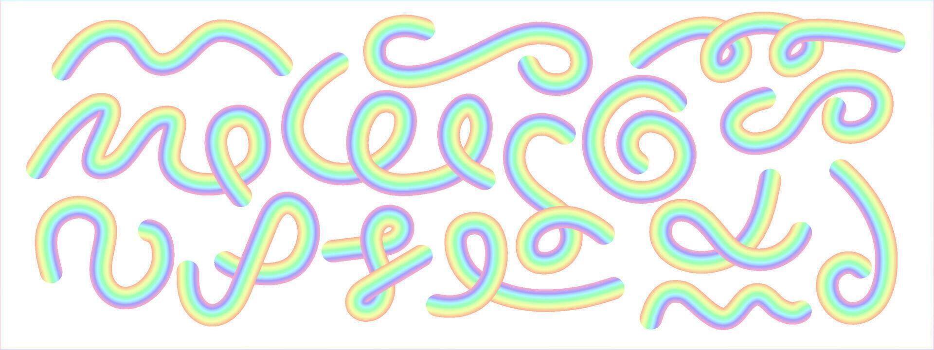 A collection of abstract iridescent gradient shapes with wavy lines . Colorful retro set of wavy lines for design . vector