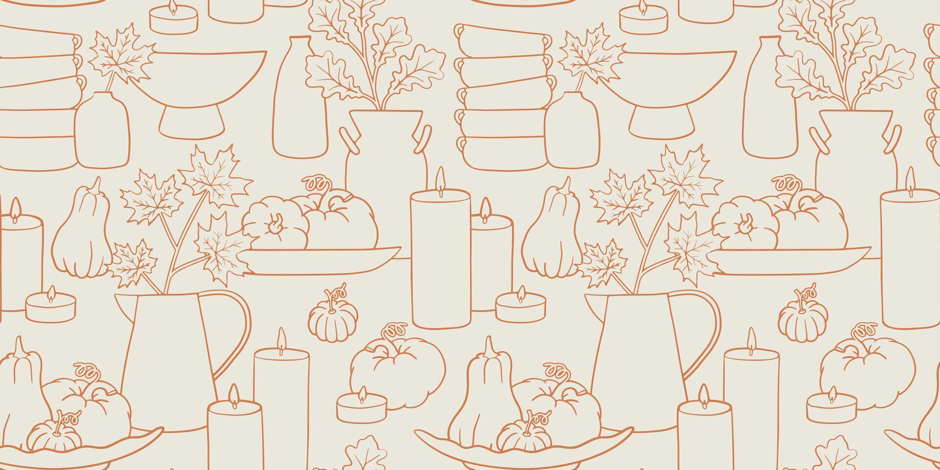 Autumn pattern with tableware and pumpkins vector