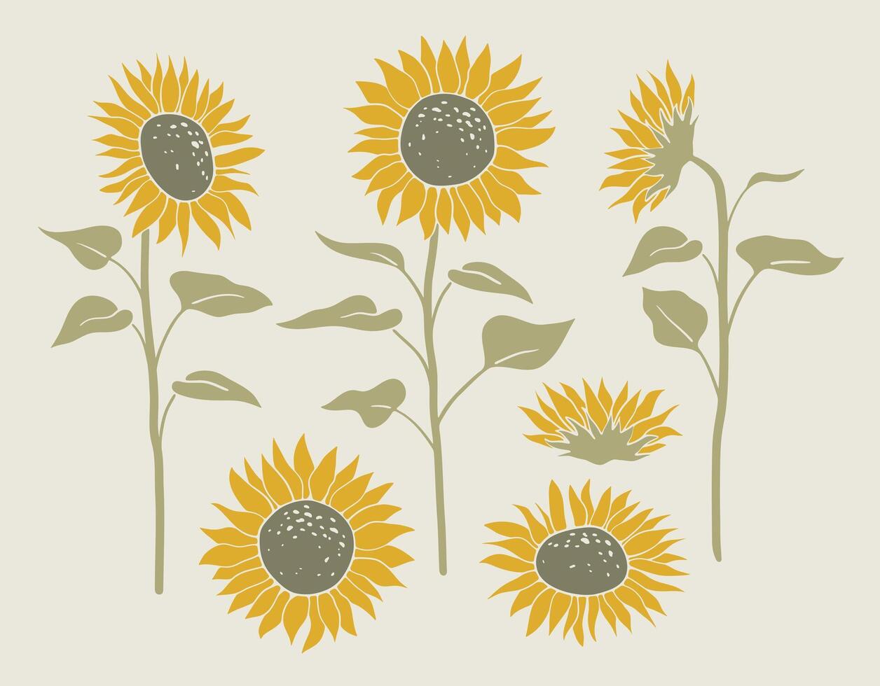Sunflower linocut illustration set vector