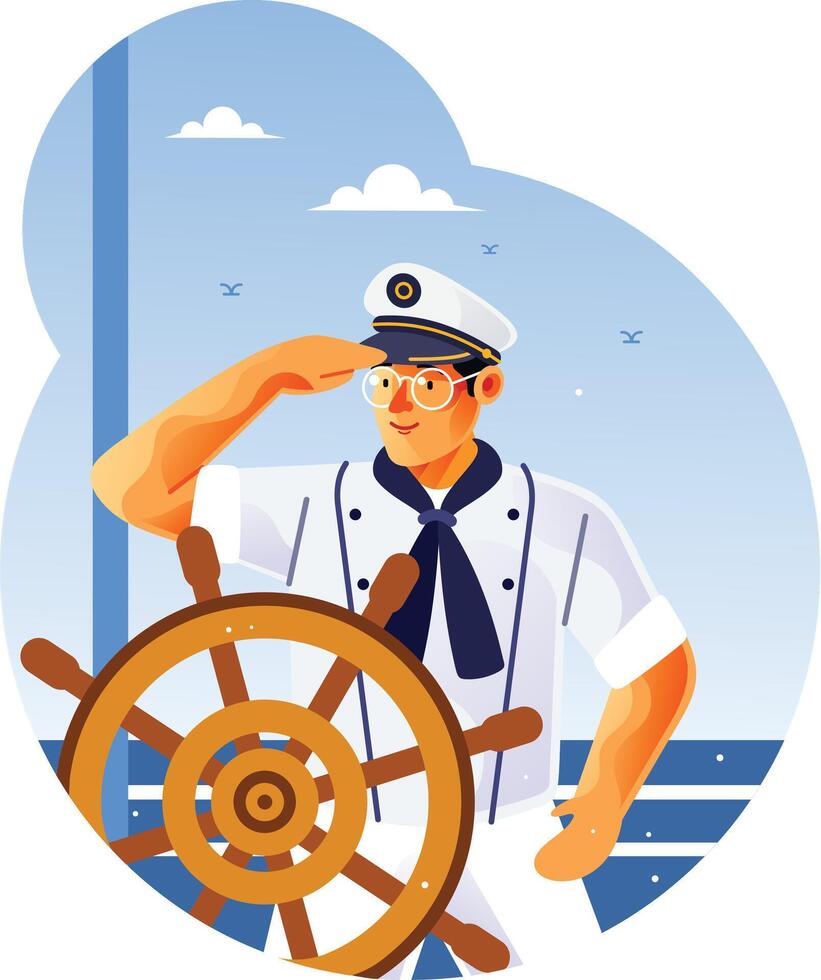 Captain ship and wooden rudder vector