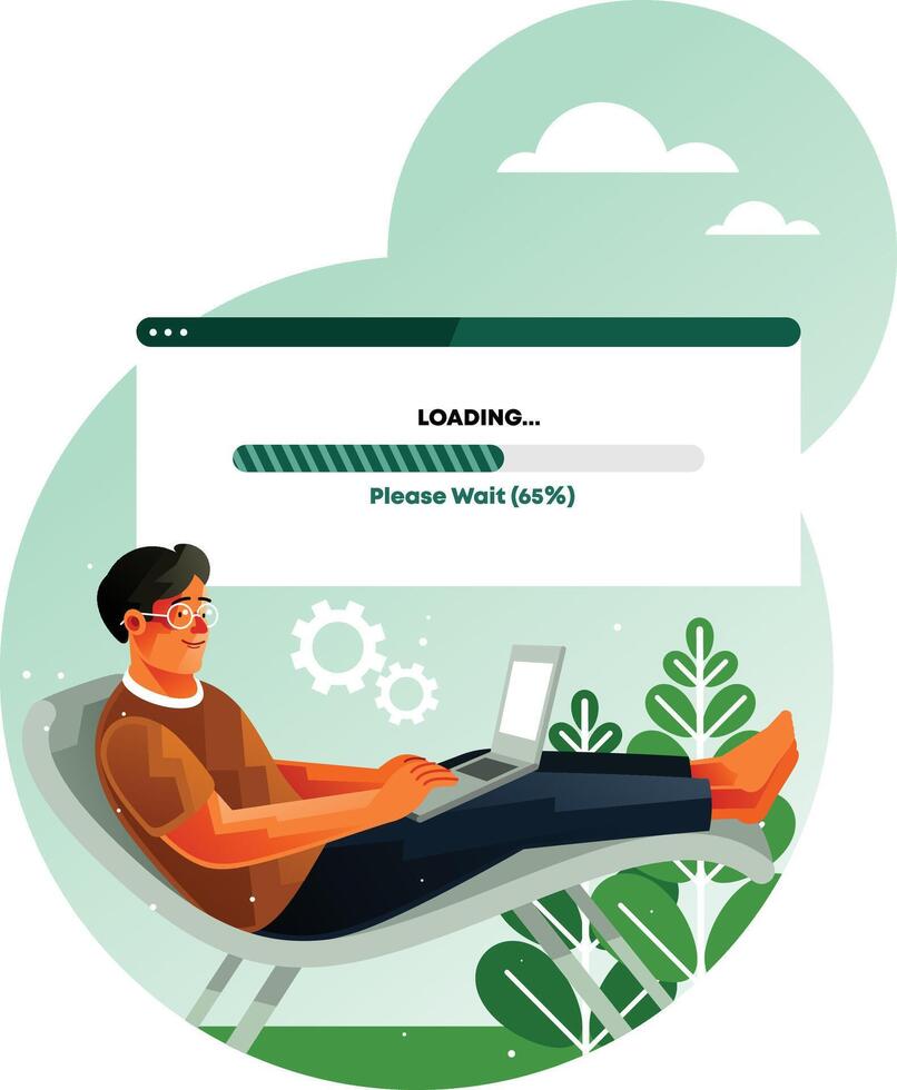 A man waits for loading bar on laptop vector