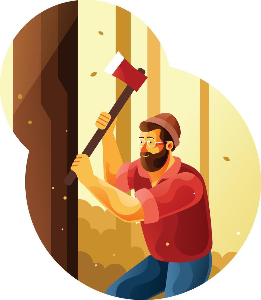 Lumberjack cutting a tree with an ax vector