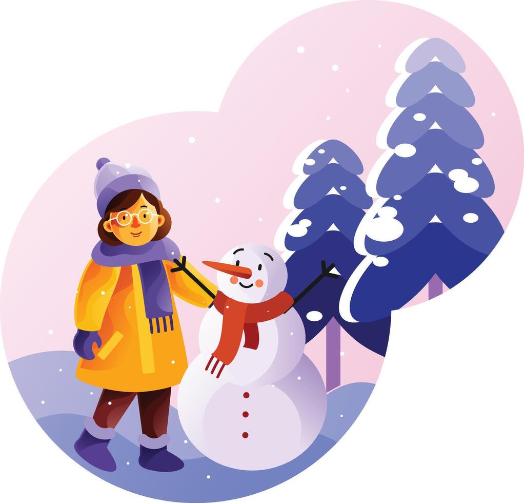 Little girl is standing near a snowman vector