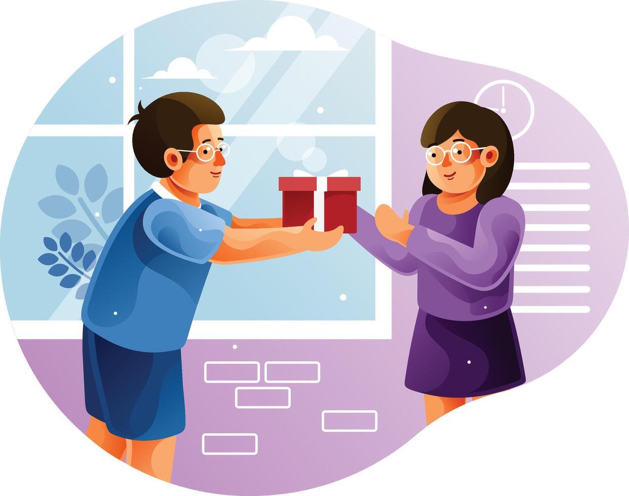 Boy giving to girl friend a gift box vector