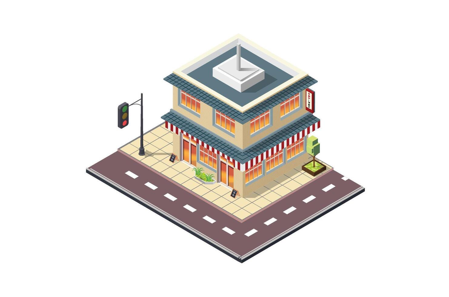 isometric illustration of a minimarket building with a car park near the main road. suitable for digital assets vector