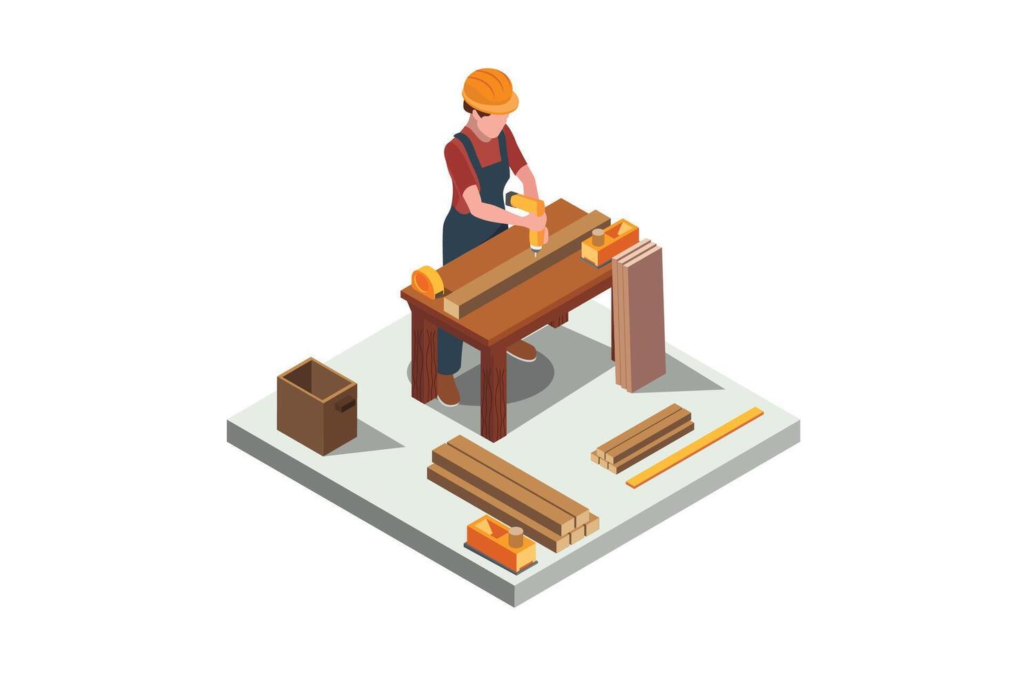 Isometric illustration carpenter doing wood drill, suitable for related digital assets vector