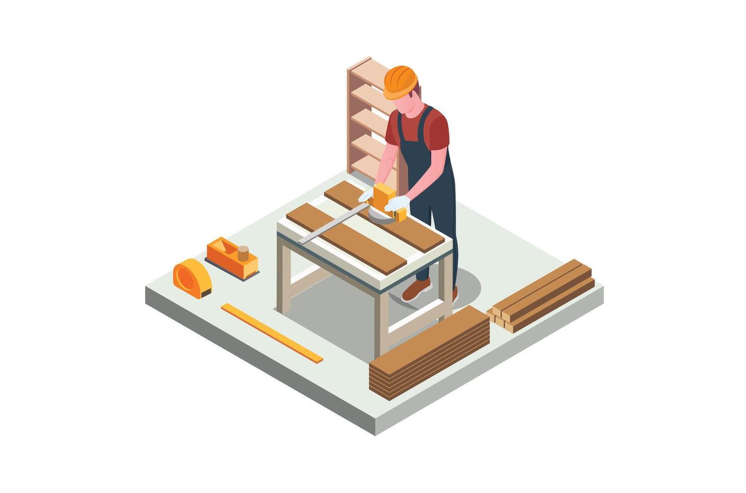 Isometric illustration carpenter takes measurements vector