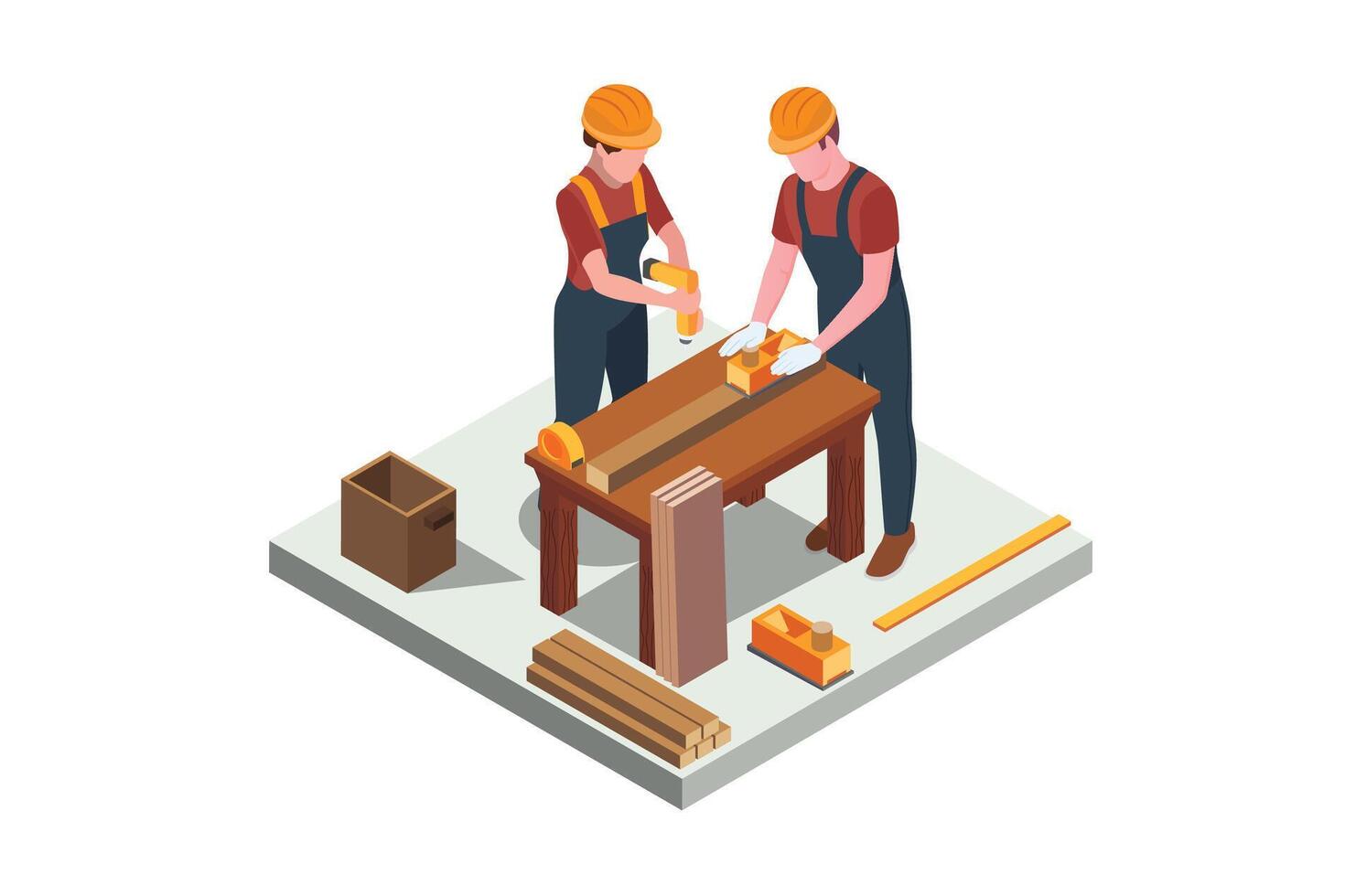 Isometric illustration carpenter doing wood drill, suitable for related digital assets vector