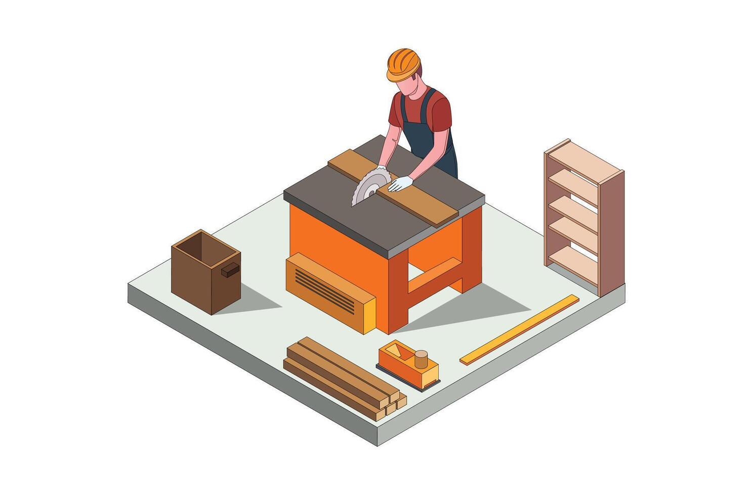 Isometric illustration carpenter sawing board with saw, illustration vector