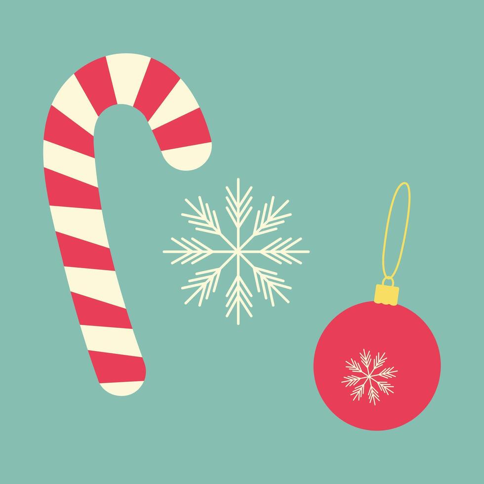 Striped Candy cane, snowflake and Christmas tree toy on rope. New Year greeting design elements idea. Isolated illustration Thematic cards, greeting or invitation, poster, banner or web, promo vector