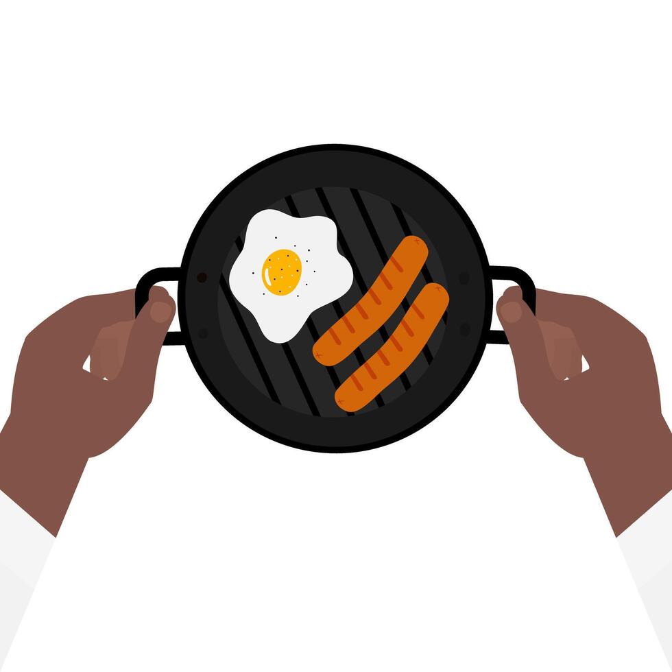 Male hands holding Grill pan with Fried egg with yolk and spices and 2 sausages Egg Day design idea. Isolated on white illustration Cards, posters, flyer, leaflet, banner, label or web, promo vector