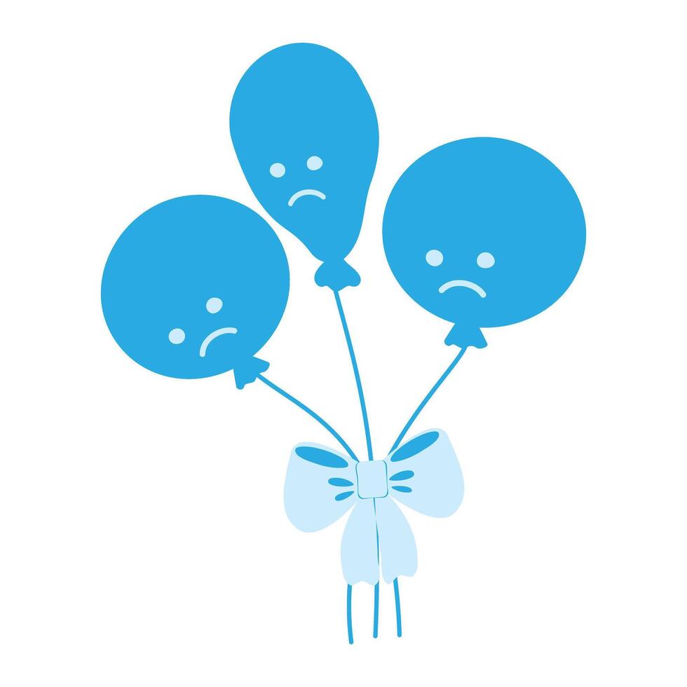 2 round and 1 deflated balloon on rope with sad faces tied with ribbon bow in trendy monochrome blue. Blue Monday greetings Design concept. Isolated illustration Cards, poster or web, promo vector